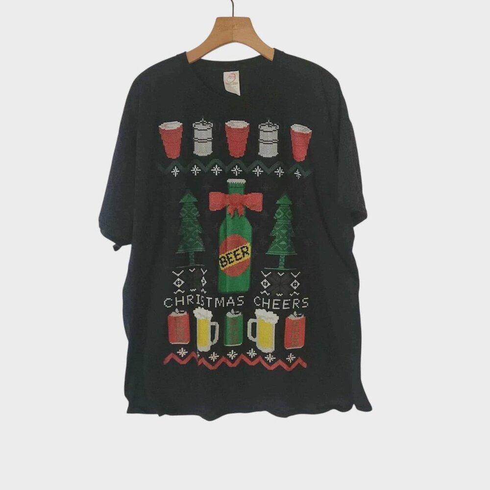 Dec 25th Ugly Christmas T-Shirt Beer Cheers Holiday Tee‎ Shirt Black Mens 2XL